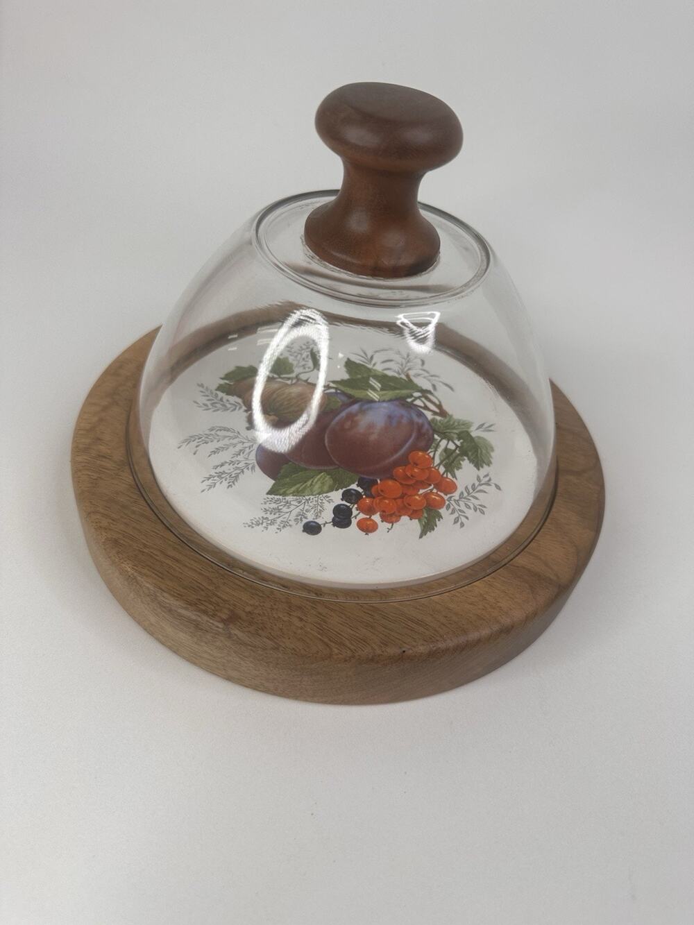 Vintage Wood & Glass Cheese Dome Cloche Set Plums Figs Cranberry Ceramic Insert